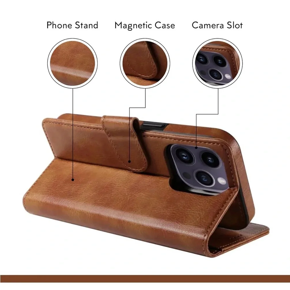 Brown Leather Phone Case with Card Holder for iPhone 15 Pro max, new